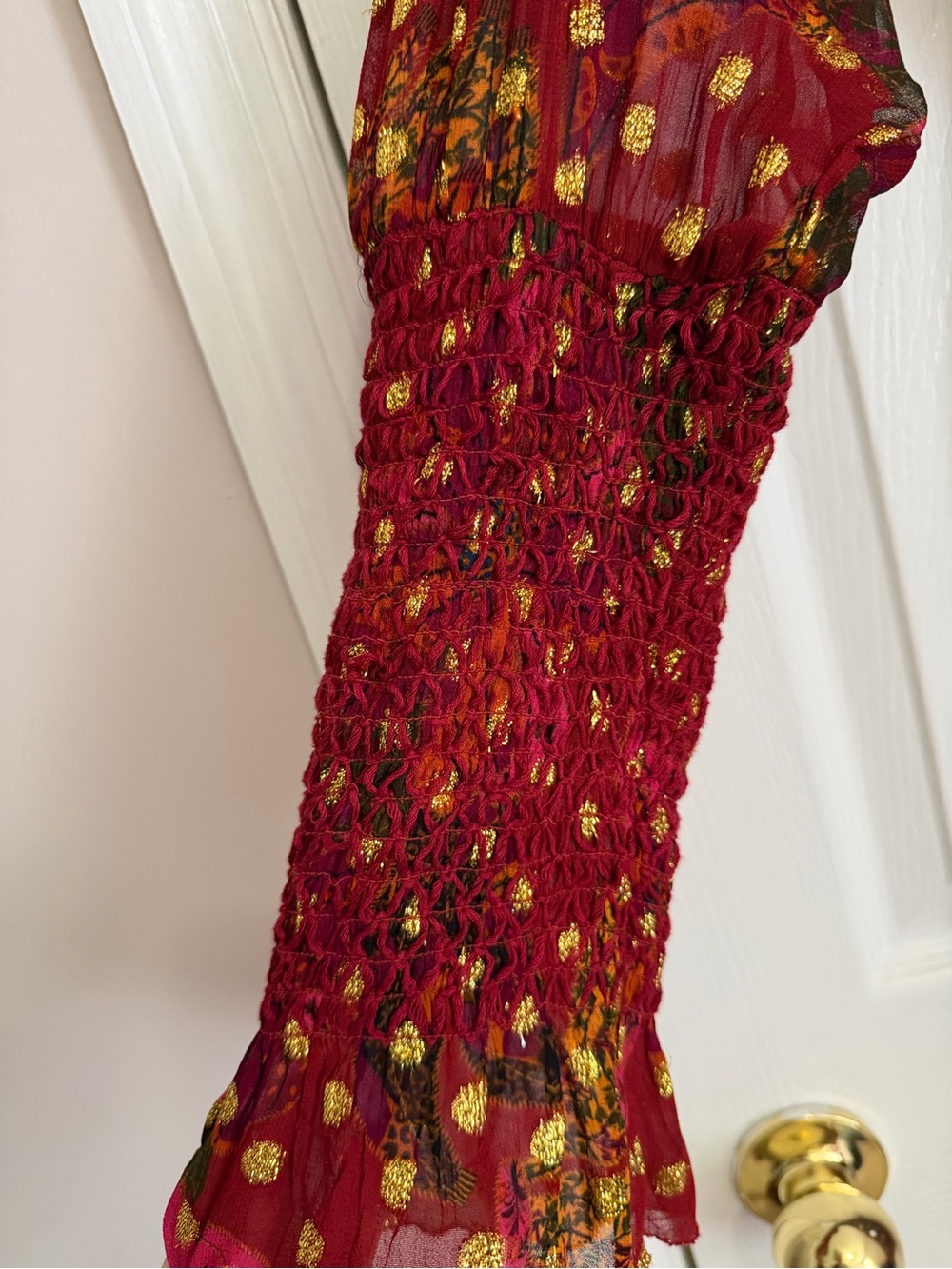 Farm Rio Banana Flowers Mini Dress Long Sleeve Ruffled Maroon Gold Size Medium - Picture 5 of 15